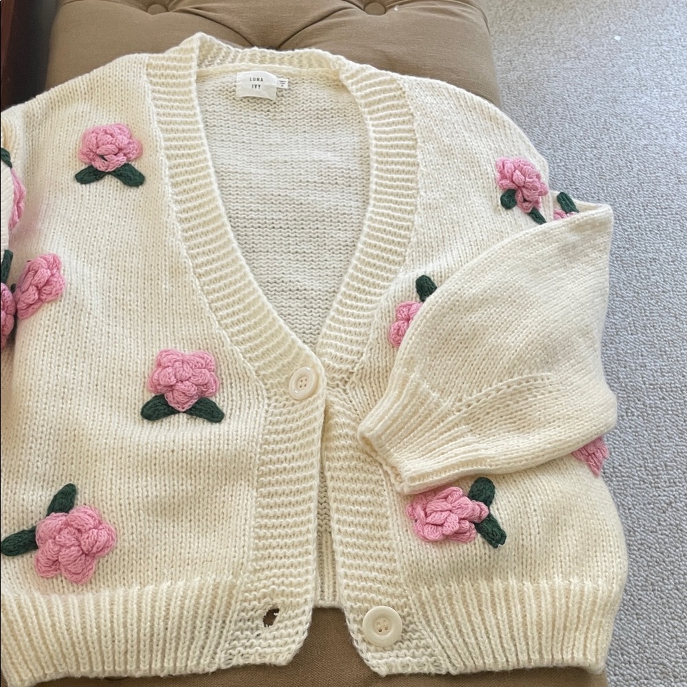 Elegant Floral Embroidered Cardigan - Cream and Pink
